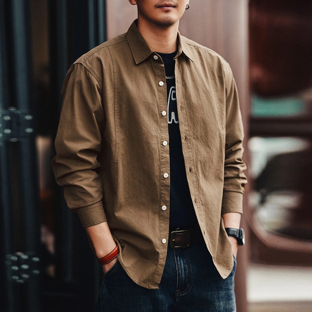 格蓝鹿美式简约复古工装长袖衬衫男春季潮牌宽松水洗痞帅衬衣外套