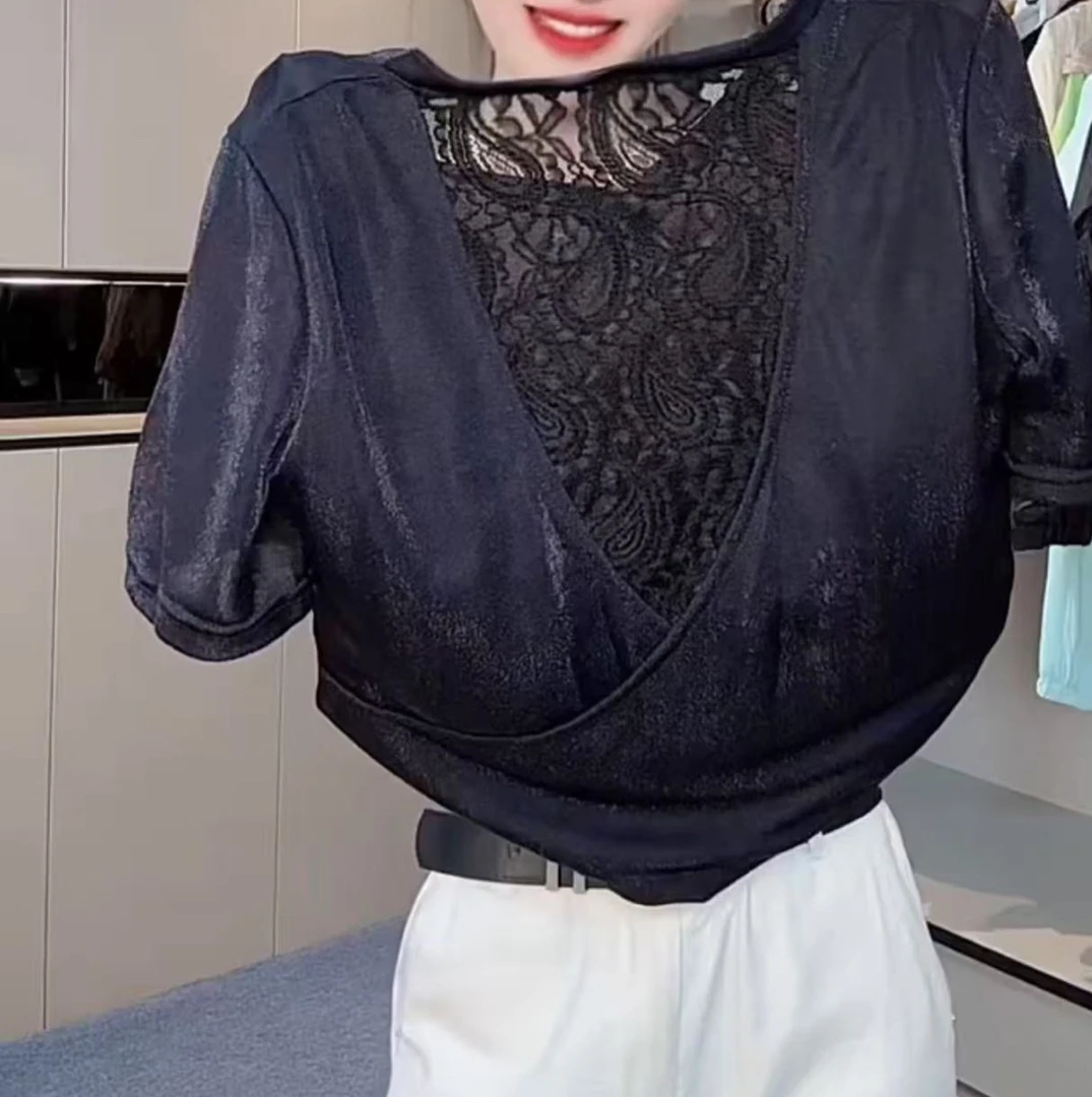 拼接常规镂空短袖蕾丝欧式V领T恤网红夏季打底衫洋气气质百搭