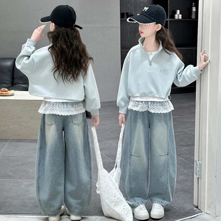 女童秋装休闲套装新款炸街儿童洋气韩版时尚卫衣牛仔裤女孩三件套