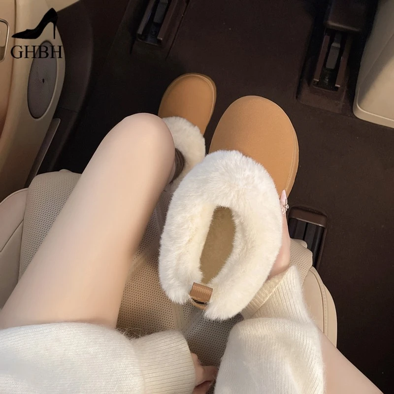 毛毛雪地靴女冬加绒加厚皮毛一体短靴厚底一脚蹬居家保暖面包棉鞋