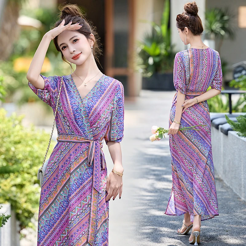 法式复古印花修身系带连衣裙女2025夏季新款优雅气质显瘦包臀长裙