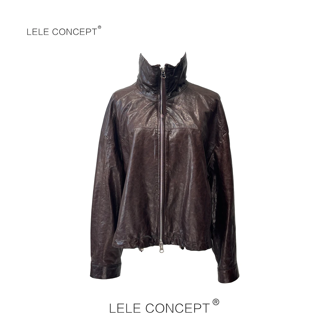 LELE CONCEPT丨「丽」都市轻奢高级感立领抽带短款皮衣P0057