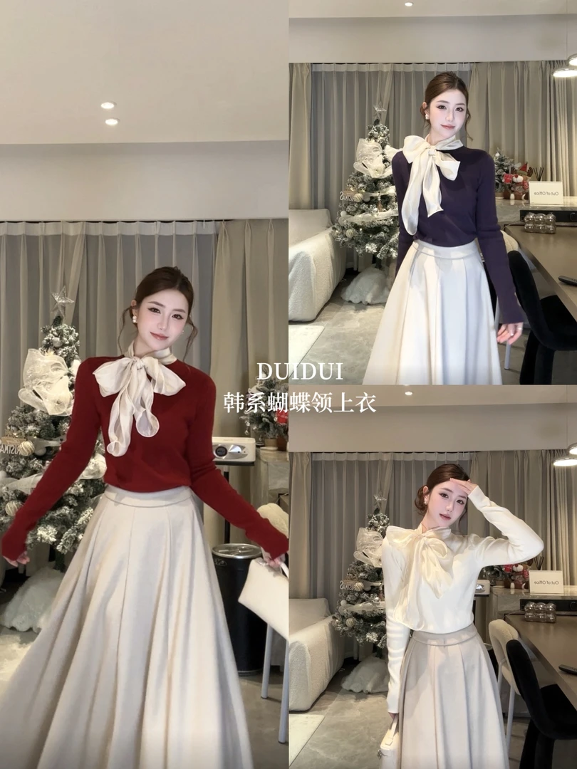 【duidui】韩淑温柔感针织上衣·缎面贵感温柔蝴蝶结领