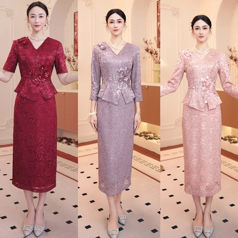 秋冬礼服婚礼平时可穿喜婆婆妈妈婚宴装蕾丝遮肚子气质优雅小礼服