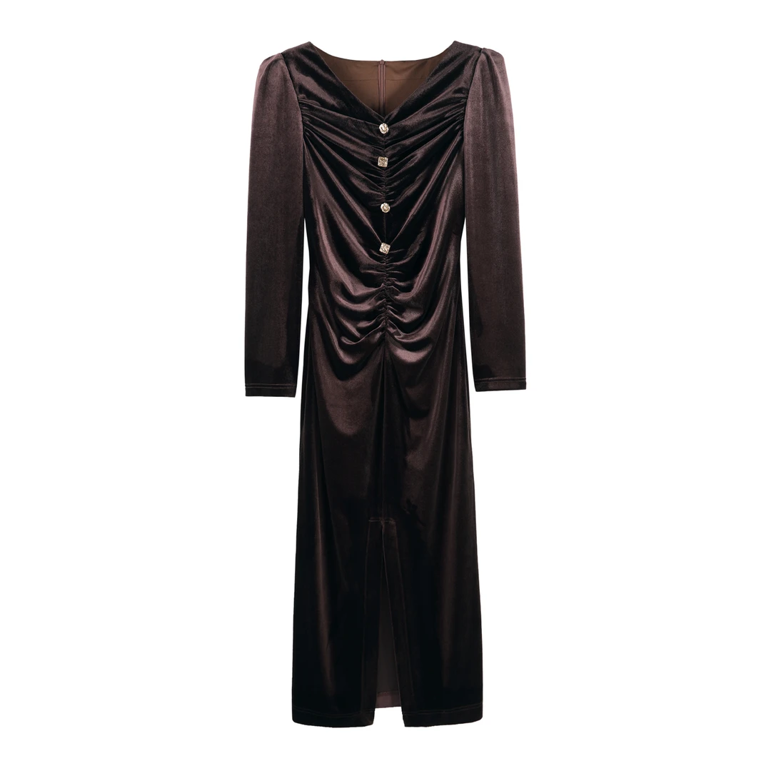 2025秋季新款V领纯色长袖轻奢风气质连衣裙HBZW800004