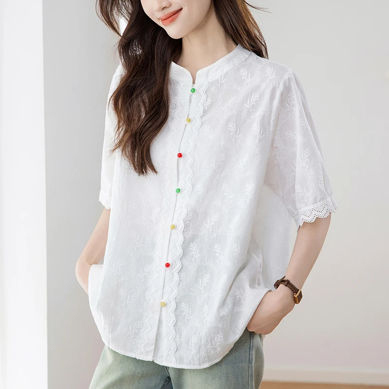 白色衬衫女高级感轻奢减龄洋气2025新款夏装短袖上衣宽松显瘦衬衣