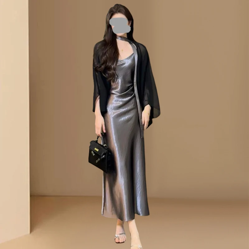 夏装穿搭一整套高级感贵气感千金上流社会减龄黑色开衫吊带裙套装