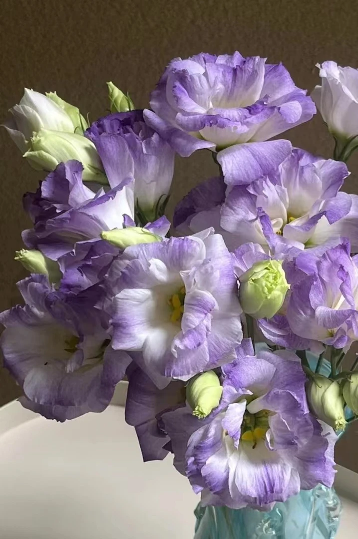 18烟灰紫桔梗一小把6朵+粉紫混菊3支+紫色紫罗兰一把+花瓶一个