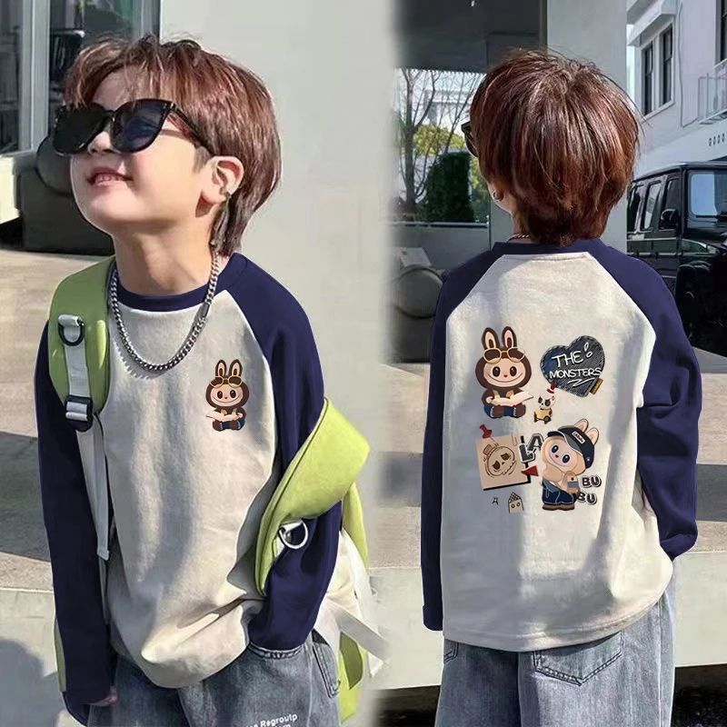 男童新款撞色长袖春秋季儿童卡通拉布布T恤打底衫中大童秋装上衣