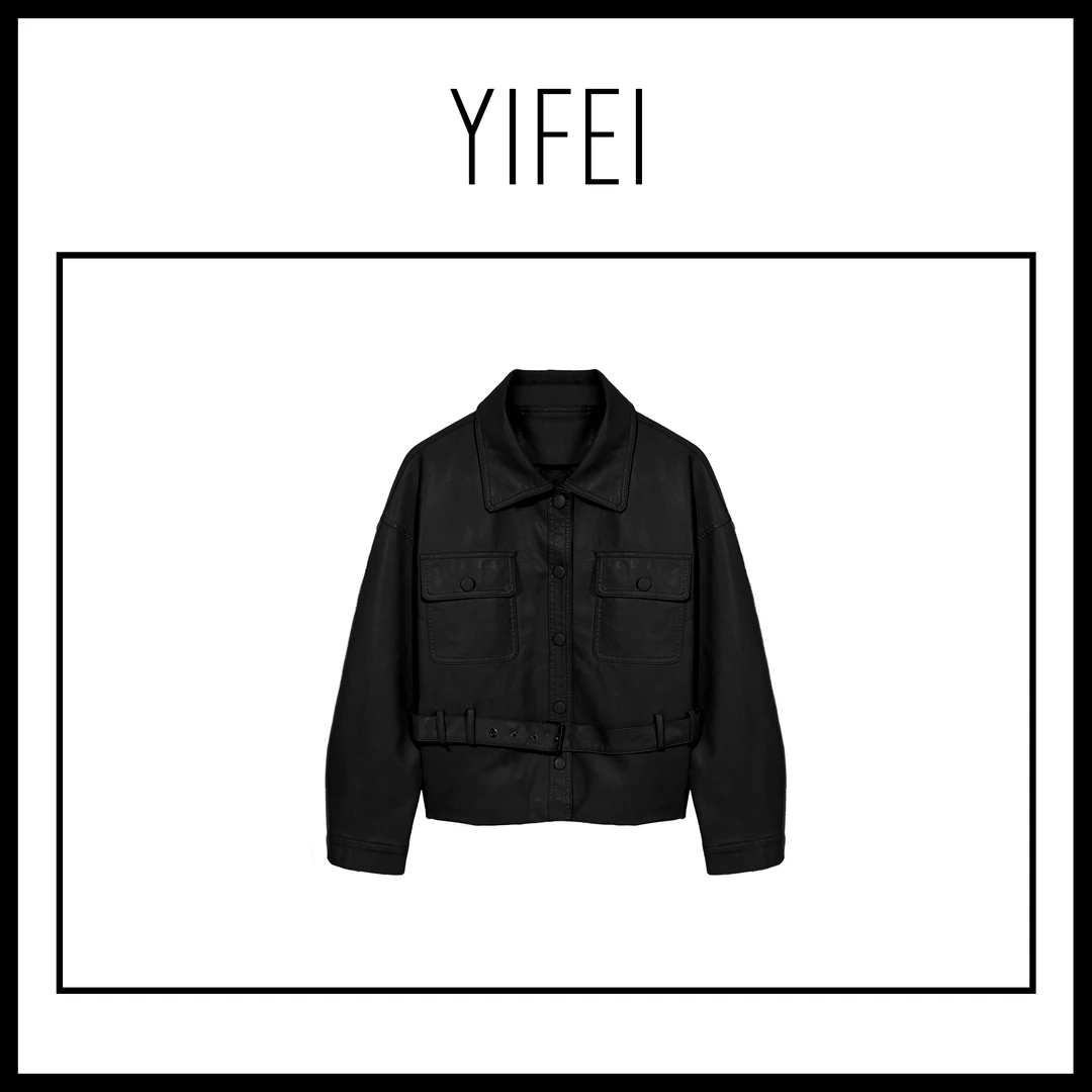 2025春季新款韩系前口袋腰带皮衣外套女高级感短款夹克