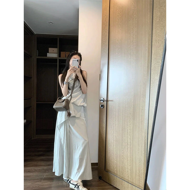 极简风高级感无袖背心上衣高腰显瘦休闲半身裙直筒抽绳百搭短裤女