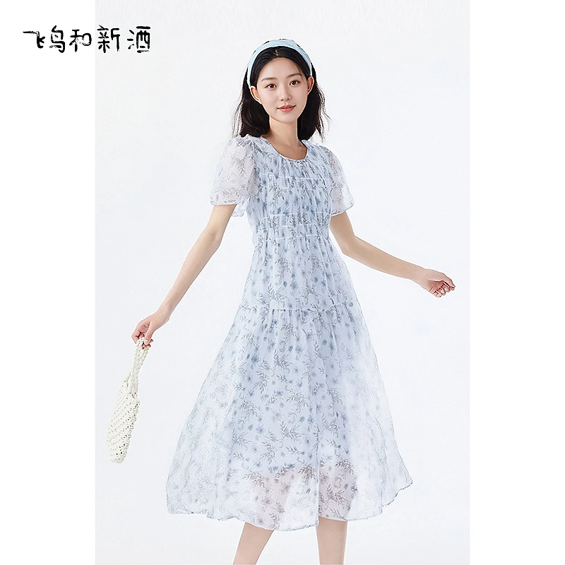 【大瑶】飞鸟和新酒V领短袖连衣裙碎花女裙FA53182037