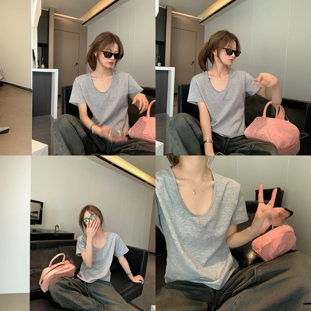 慵懒U领短袖t恤女夏薄款纯色宽松内搭设计感小众简约显瘦百搭上衣