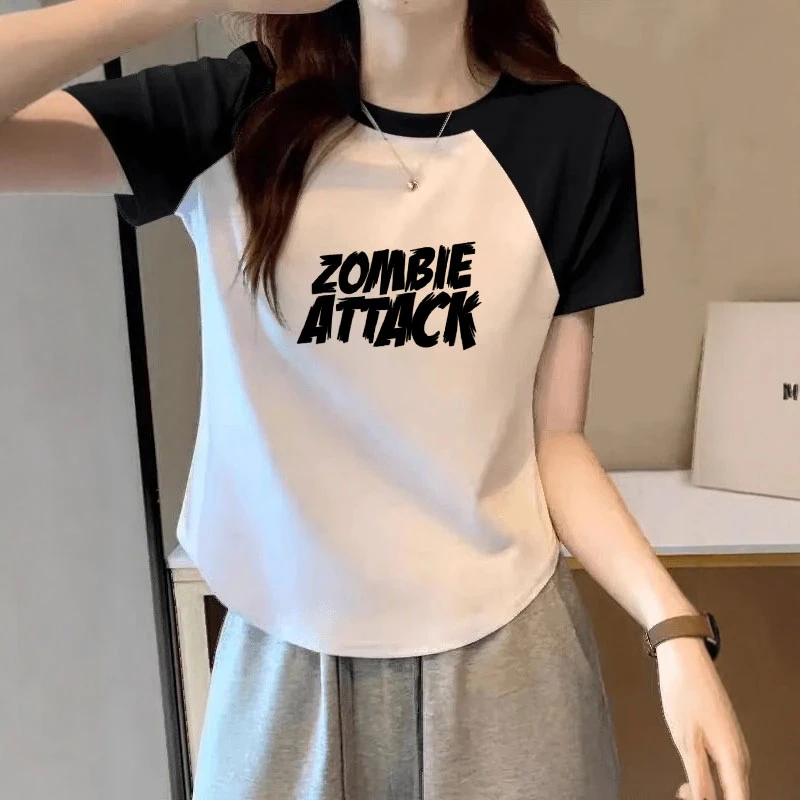 字母印花宽松显瘦棉质弧形下摆圆领插肩袖女装夏季新款短袖上衣