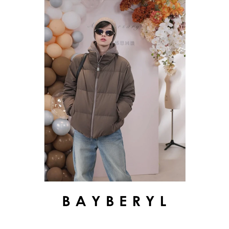 BAYBERYL老贝BC咖钉珠针织连帽假两件百搭秋羽绒服YRF5E2653