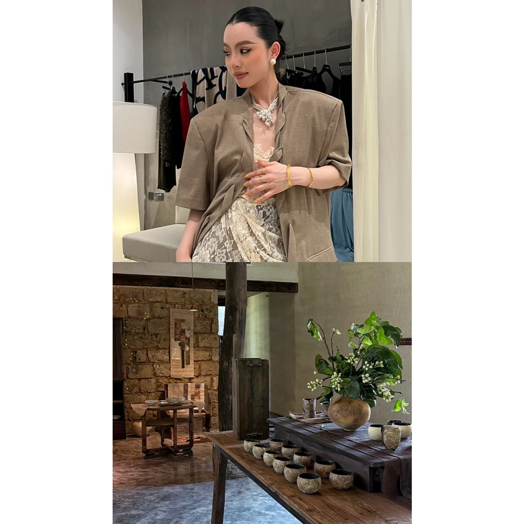 “邓录录”  岩蔷薇树脂 亚麻外套与蕾丝吊带65096#