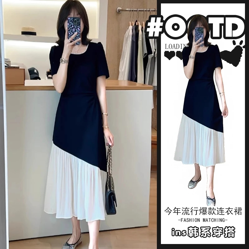 夏季新款设计感拼接简约中长款裙子高级感别致垂感显瘦气质连衣裙