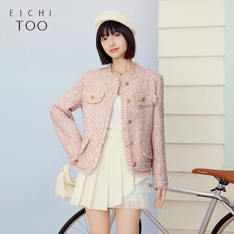 爱居兔春季新款经典时尚粗花呢小香风时尚西服外套EWXSJ1P005A