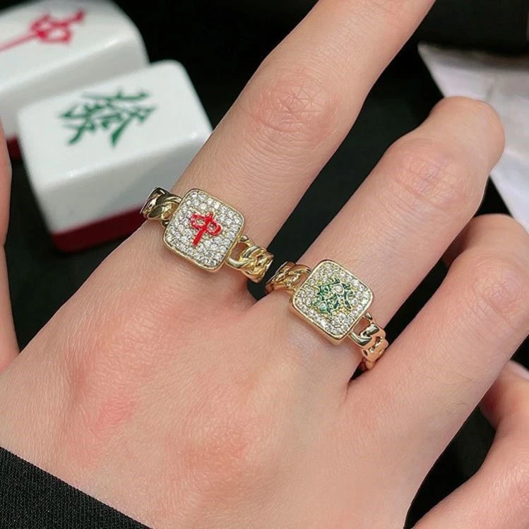 铜合金戒指 麻将戒指发财红中可调节开口饰品个性打牌幸运食指环