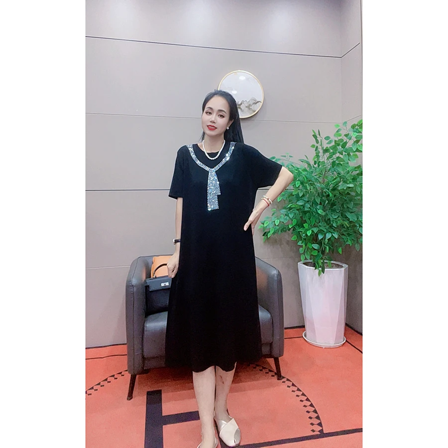 4221 夏季新款大码女装连衣裙宽松夏季A字裙中长裙裙子蝴蝶结烫钻