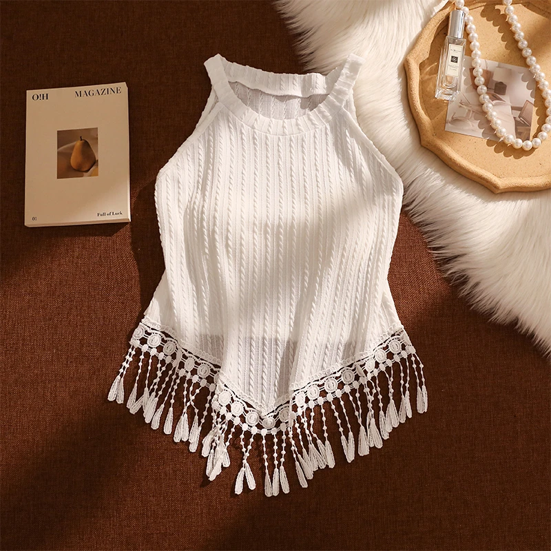 法式复古针织流苏挂脖吊带背心女夏外穿洋气减龄度假风百搭上衣