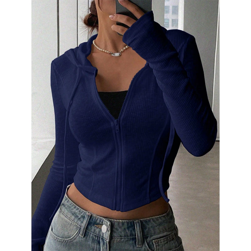 深蓝色开衫连帽长袖t恤女洋气内搭打底衫春秋款修身时尚性感上衣