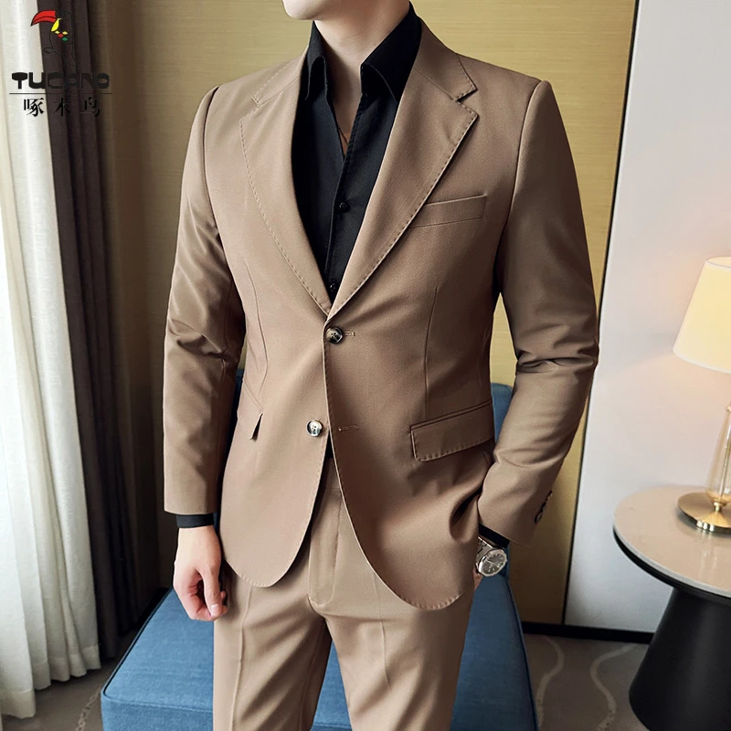 啄木鸟薄款西装套装男商务休闲婚礼新郎结婚西服两件套修身正装