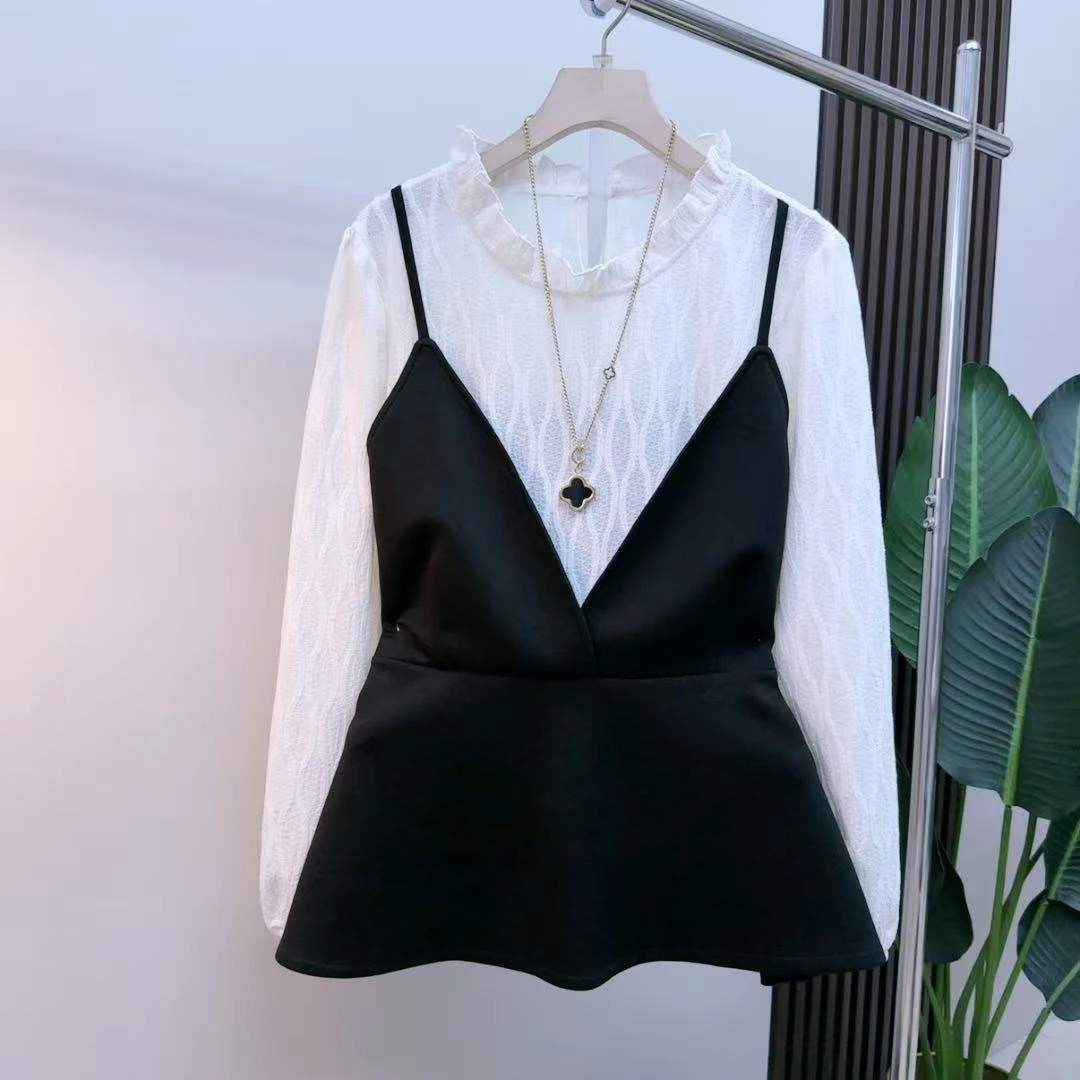 胖mm欧货时尚气质显瘦韩版减龄百搭9353法式简约韩版拼接假两件