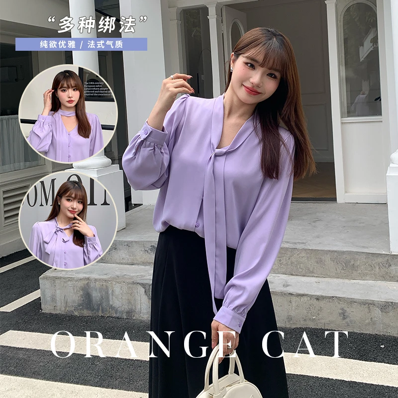 大码胖mm高级感蝴蝶结长袖衬衫女通勤职业面试V领飘带衬衣女装