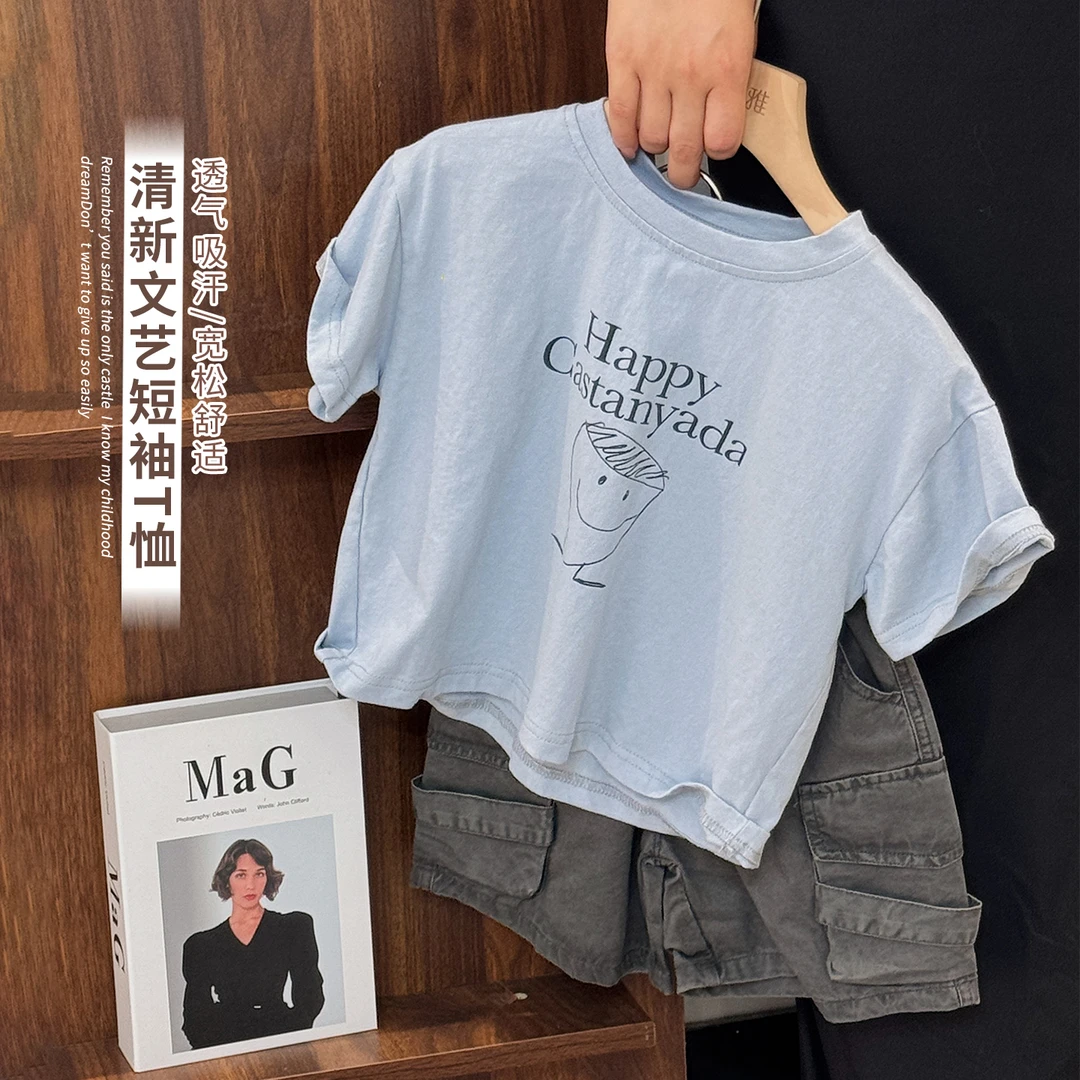《主播力推》软糯亲肤男女童卡通T恤短袖韩版百搭圆领字母25XL1091