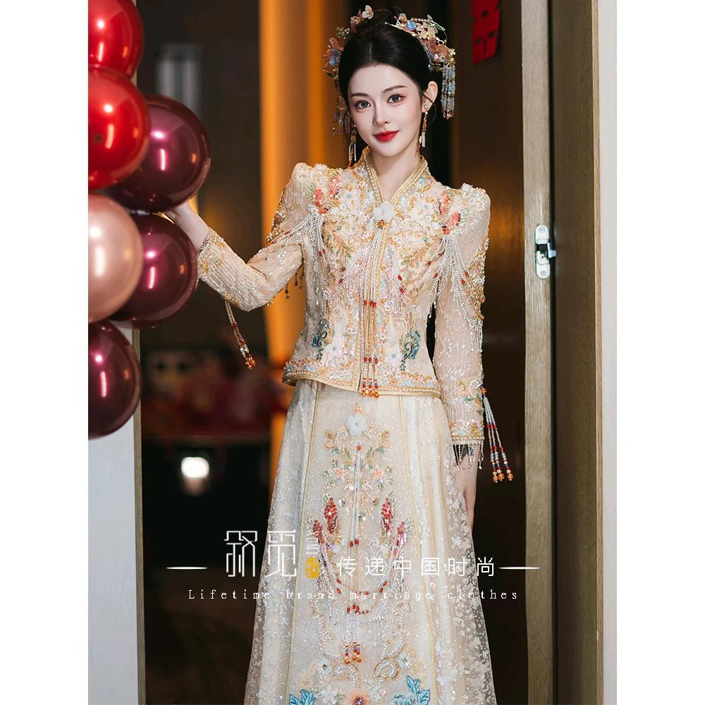 【高品质】复古奢华修身婚礼和服马来褂高端香槟色秀禾服新婚服服典