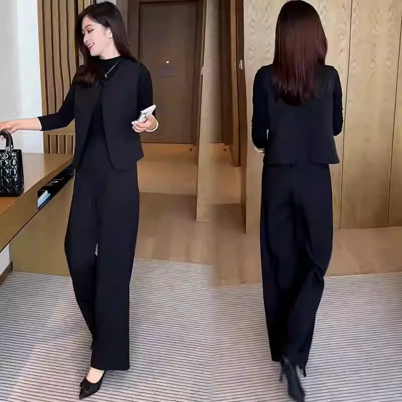 时尚套装女2025秋季新款洋气质西装马甲打底衫阔腿裤减龄三件套潮