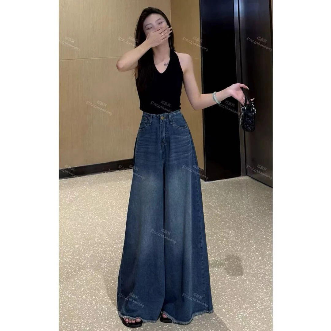 ZSL（高街计划）夏季百搭时尚高腰宽松小众复古毛边收腰大阔腿裤