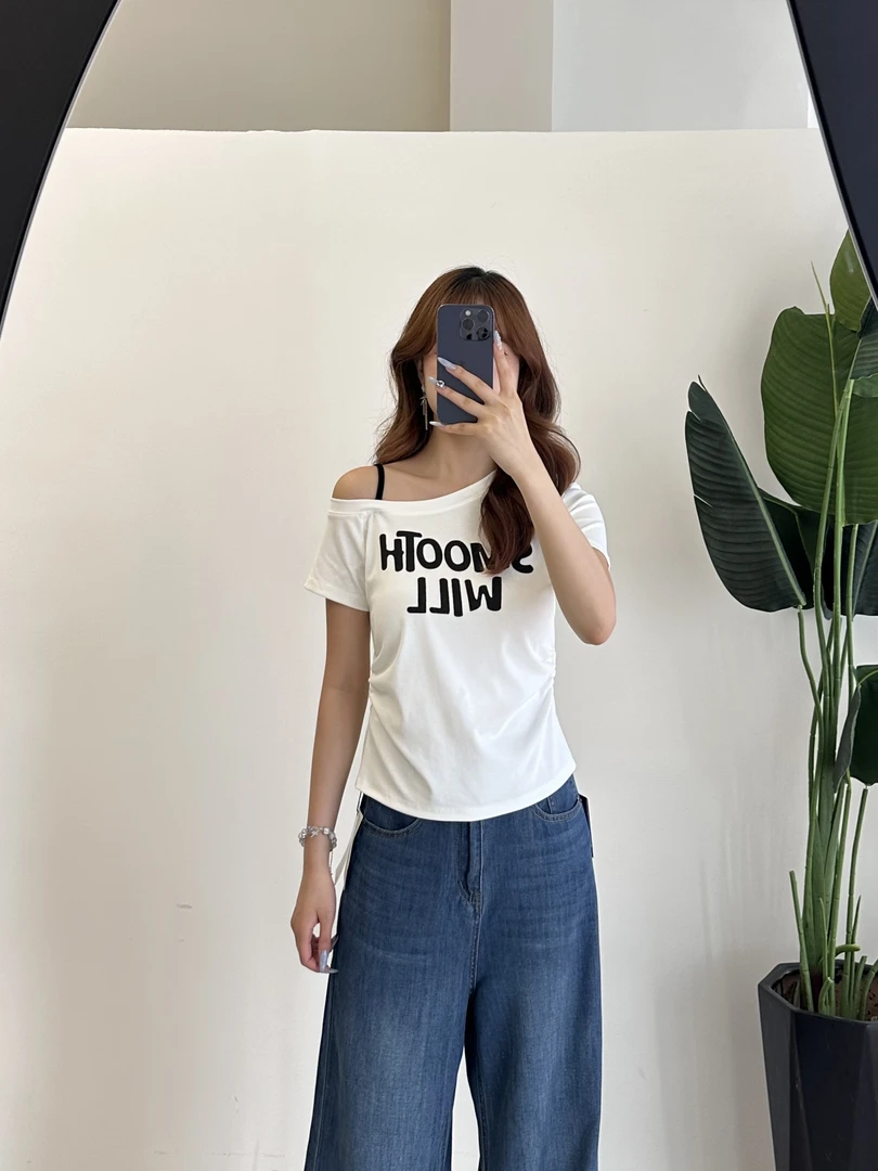 短款百搭吸汗字母短袖T恤高腰修身型工装风斜领圆领吊肩