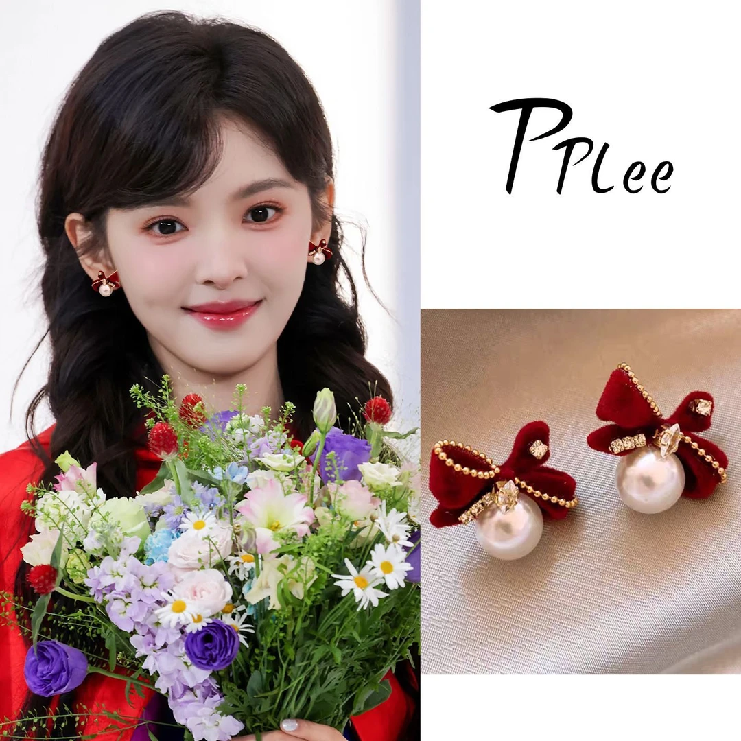 章若楠同款红丝绒蝴蝶结甜美耳钉精致小巧可爱圣诞节喜庆百搭耳环