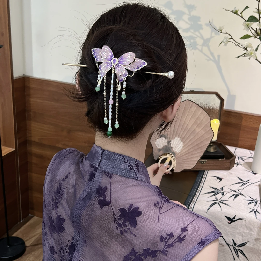 古风头饰绘彩蝴蝶流苏女新款高级感后脑勺半扎发发簪民族风原创