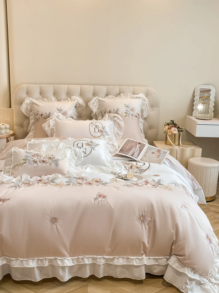 【法式浪漫】奶油风全棉绣花公主风四件套雪纺法式被套床上用品