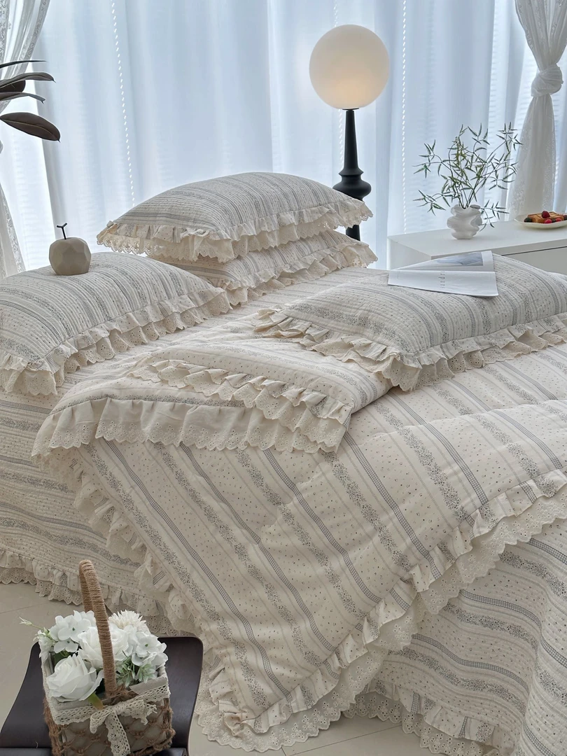 高品质全棉双层花边纯棉春秋被被罩韩系春秋被