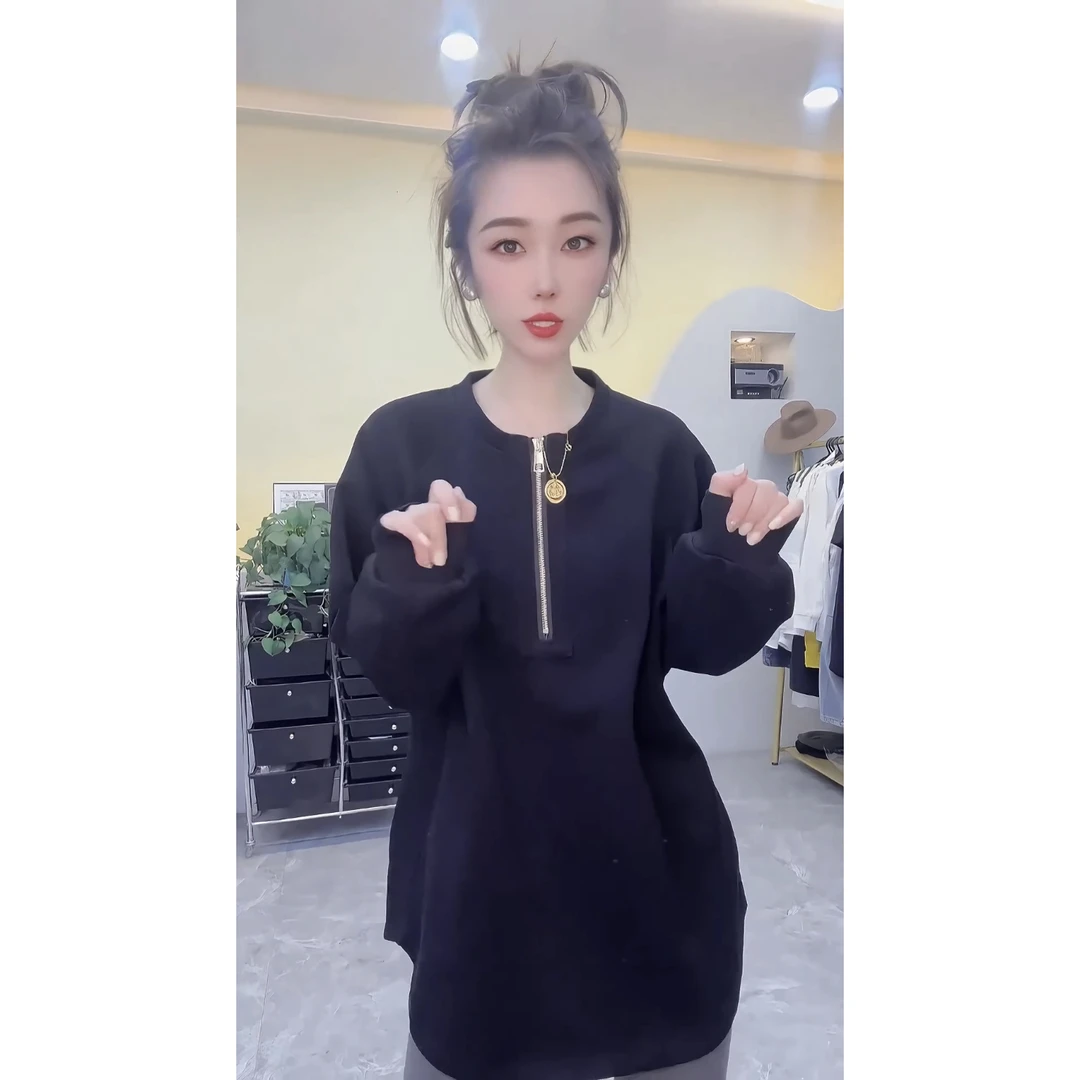 新款半拉链圆领休闲长袖卫衣女加厚中长款套头纯色百搭上衣