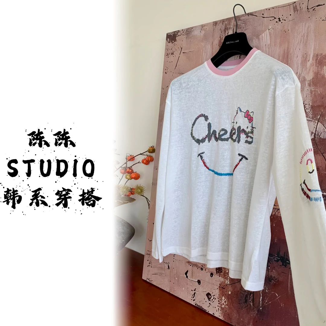长袖印花通勤宽松型防晒常规T恤韩系网红笑脸防晒长袖