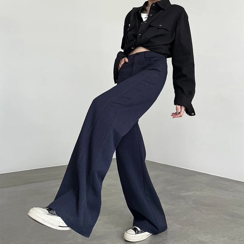 藏青色阔腿裤女春秋2025新款高腰垂感天丝羊毛休闲直筒西装牛仔裤