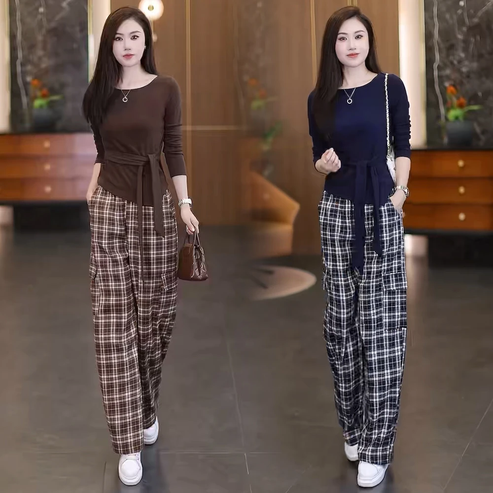 时尚套装女2025秋季新款洋气不规则收腰长袖T恤格子阔腿裤两件套