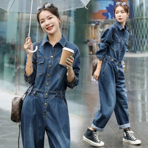 港风牛仔连体裤女2025长袖春秋新款高级时尚连身裤宽松工装连衣裤