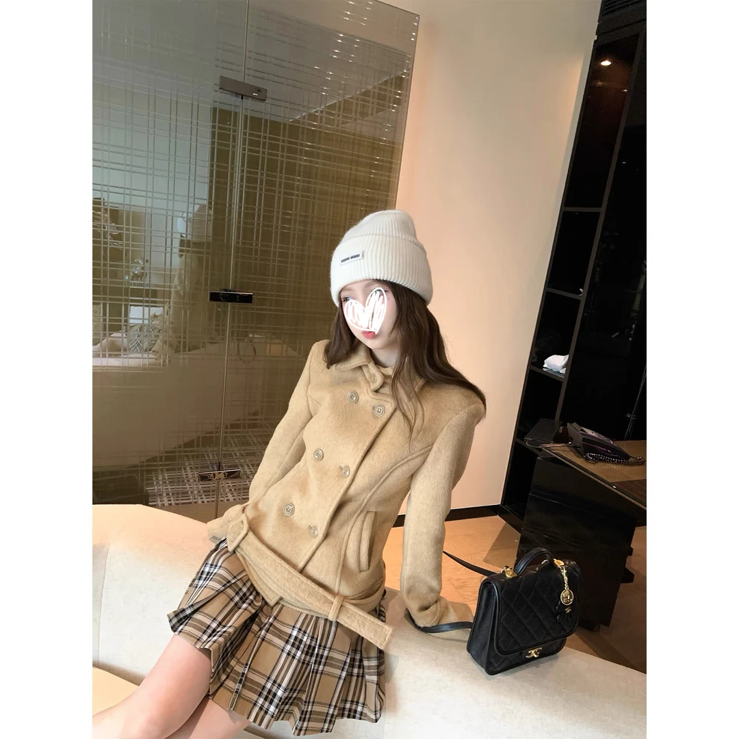 英式千金」双排扣羊毛毛呢外套女小个子新款高级感上衣3278