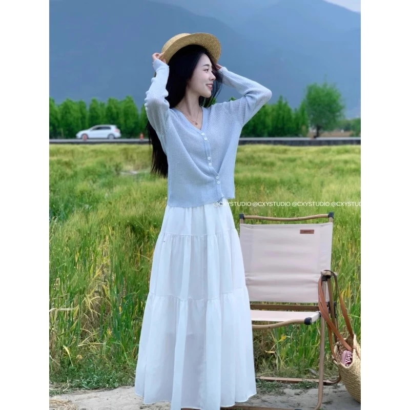 冰丝v领防晒针织开衫女夏季薄款搭配吊带裙披肩外搭罩衫短款上衣