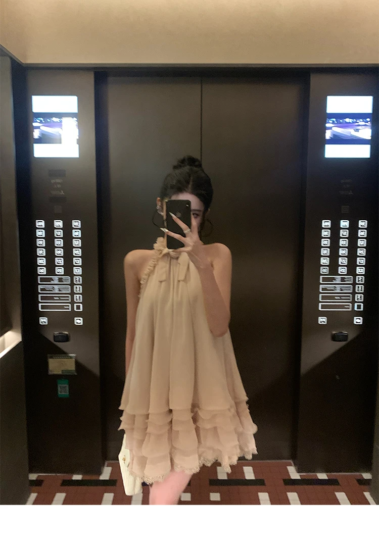 夏季辣妹性感荷叶边挂脖无袖蕾丝花边连衣裙富家千金风短裙