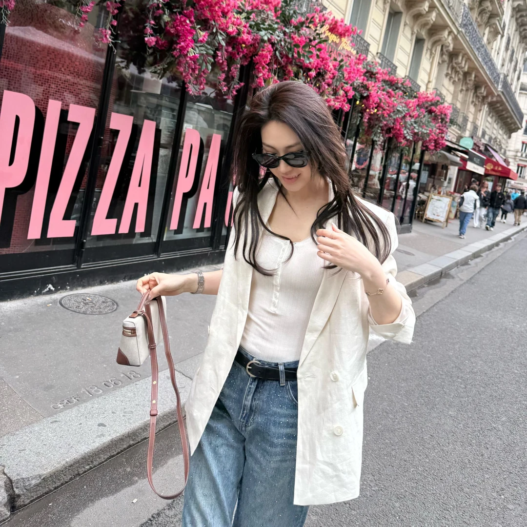 王嬛嬛MsLime25年新款100%亚麻白色西装外套 HD2A1376