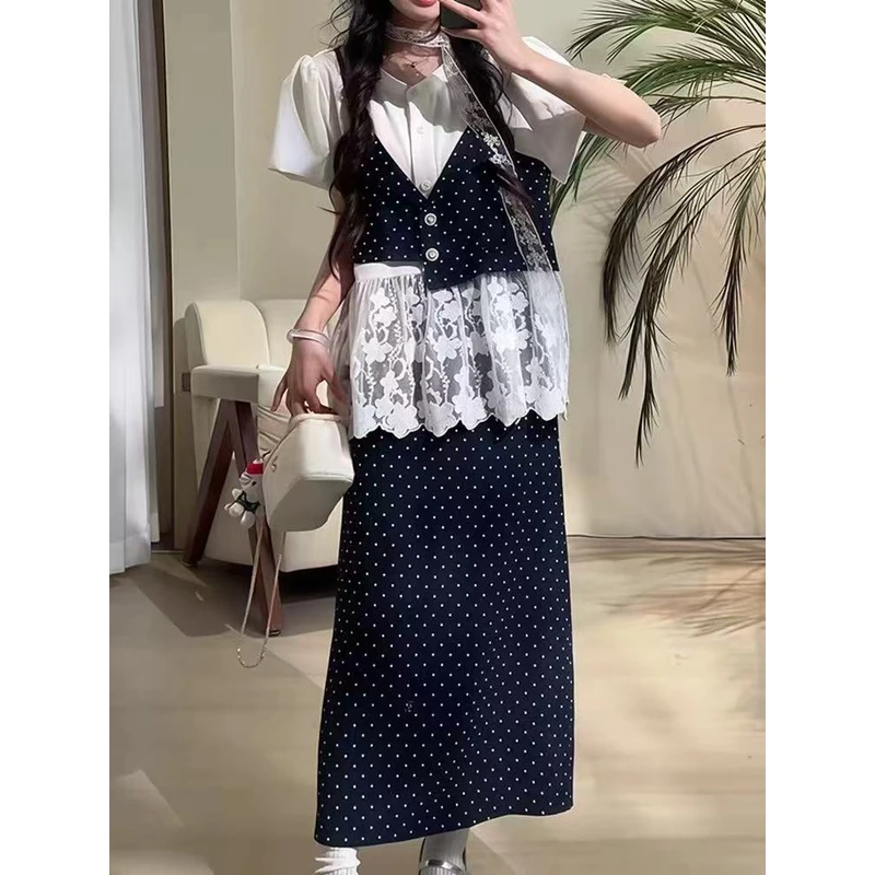 【波点套装】吊带假两件套装裙夏蕾丝拼接波点短袖T恤半裙699两件套