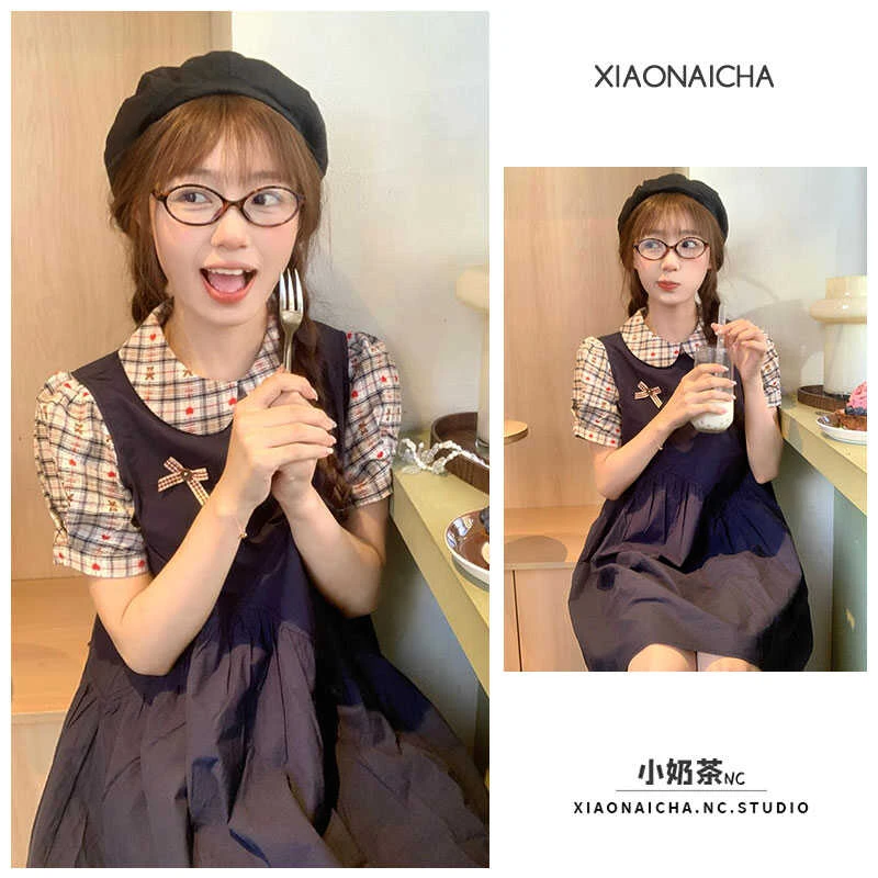 2025新款日系复古娃娃领假两件连衣裙女夏季学院风设计感小个子拼