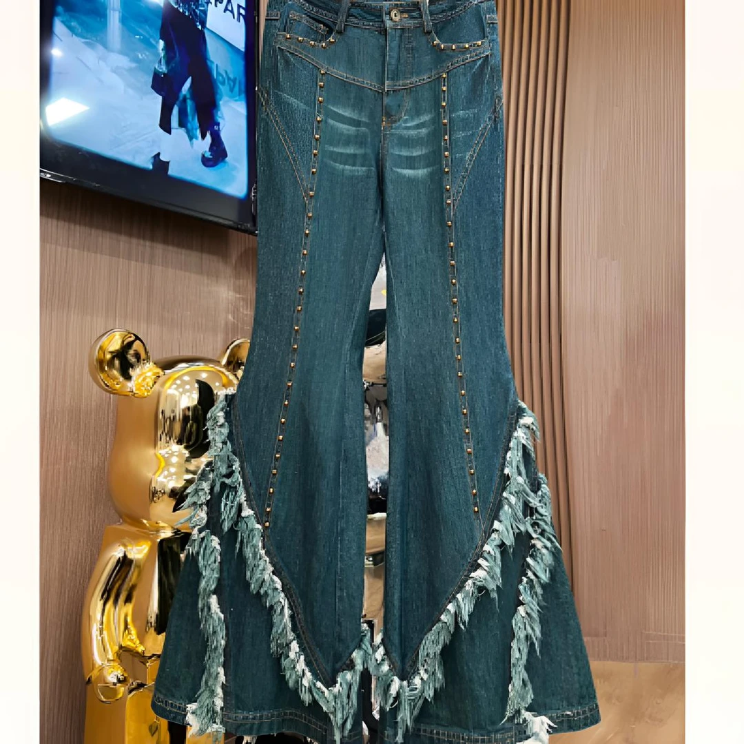 原创重工废土风流苏牛仔长裤时尚休闲复古微喇显瘦设计师